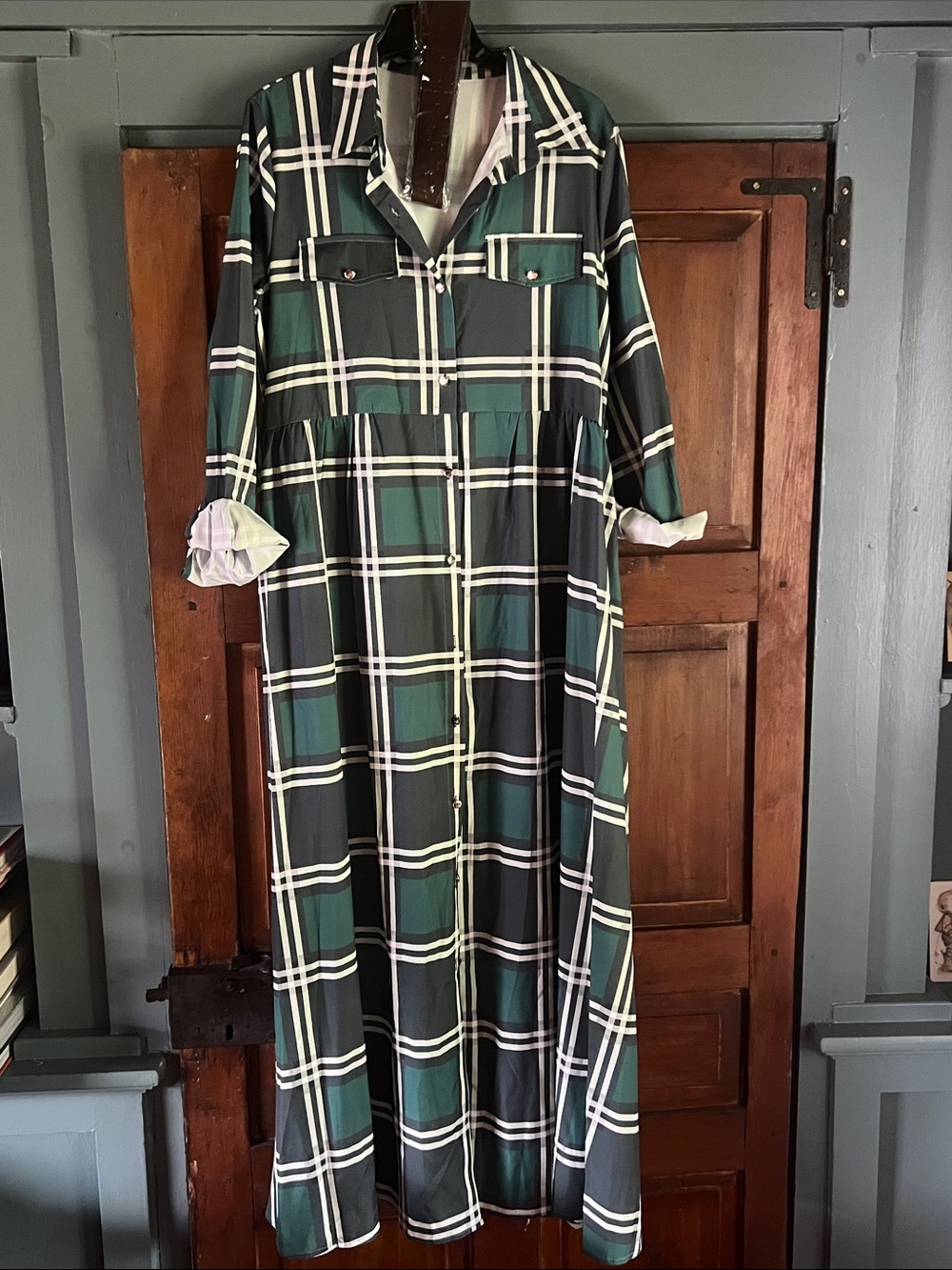 Green and Black Plaid Maxi Shirt Dress with Belt